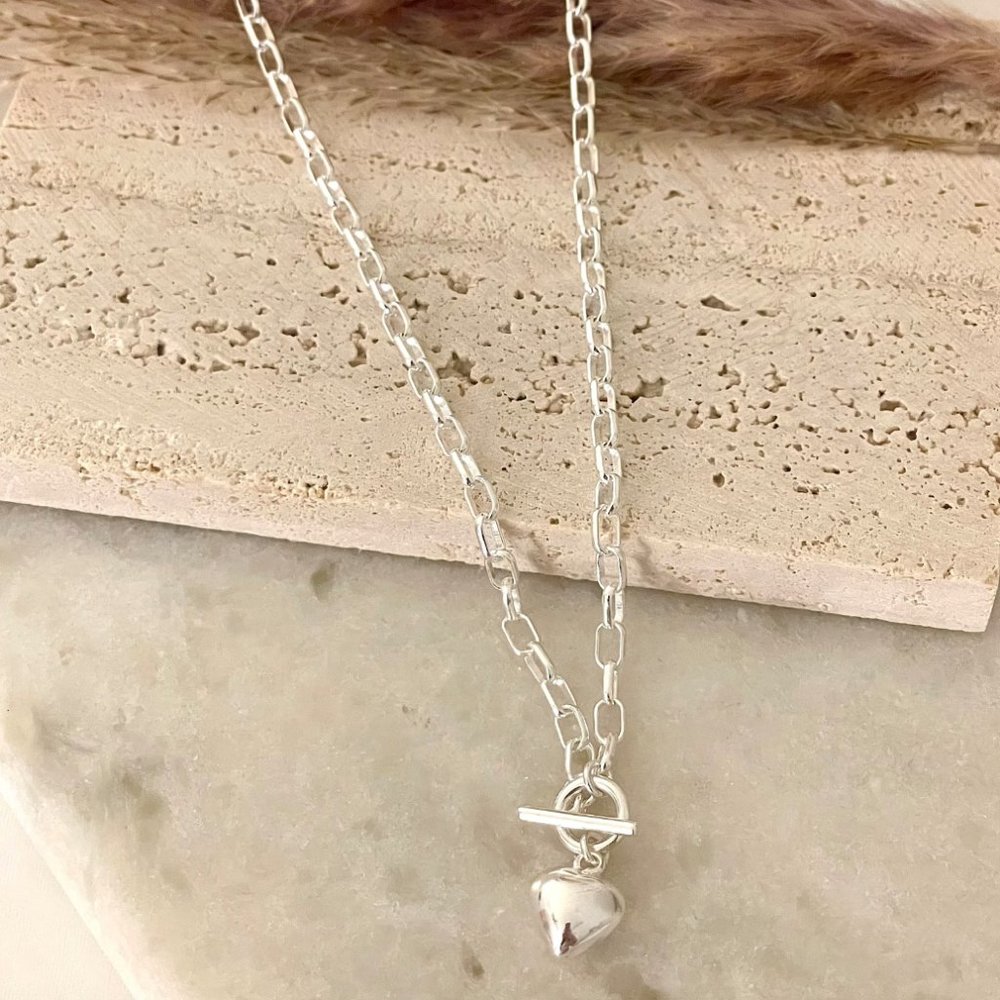 925 Sterling Silver Heart Necklace Chunky Toggle Link Necklace - Picture 3 of 3